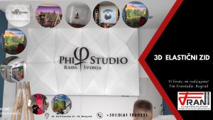 Elasticni plafoni Franstudio, Beograd, efekat 3D, štampa po želji kupca, logo firme